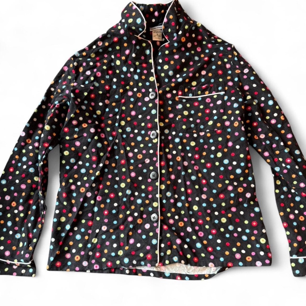 black polka dot button-up pajama shirt